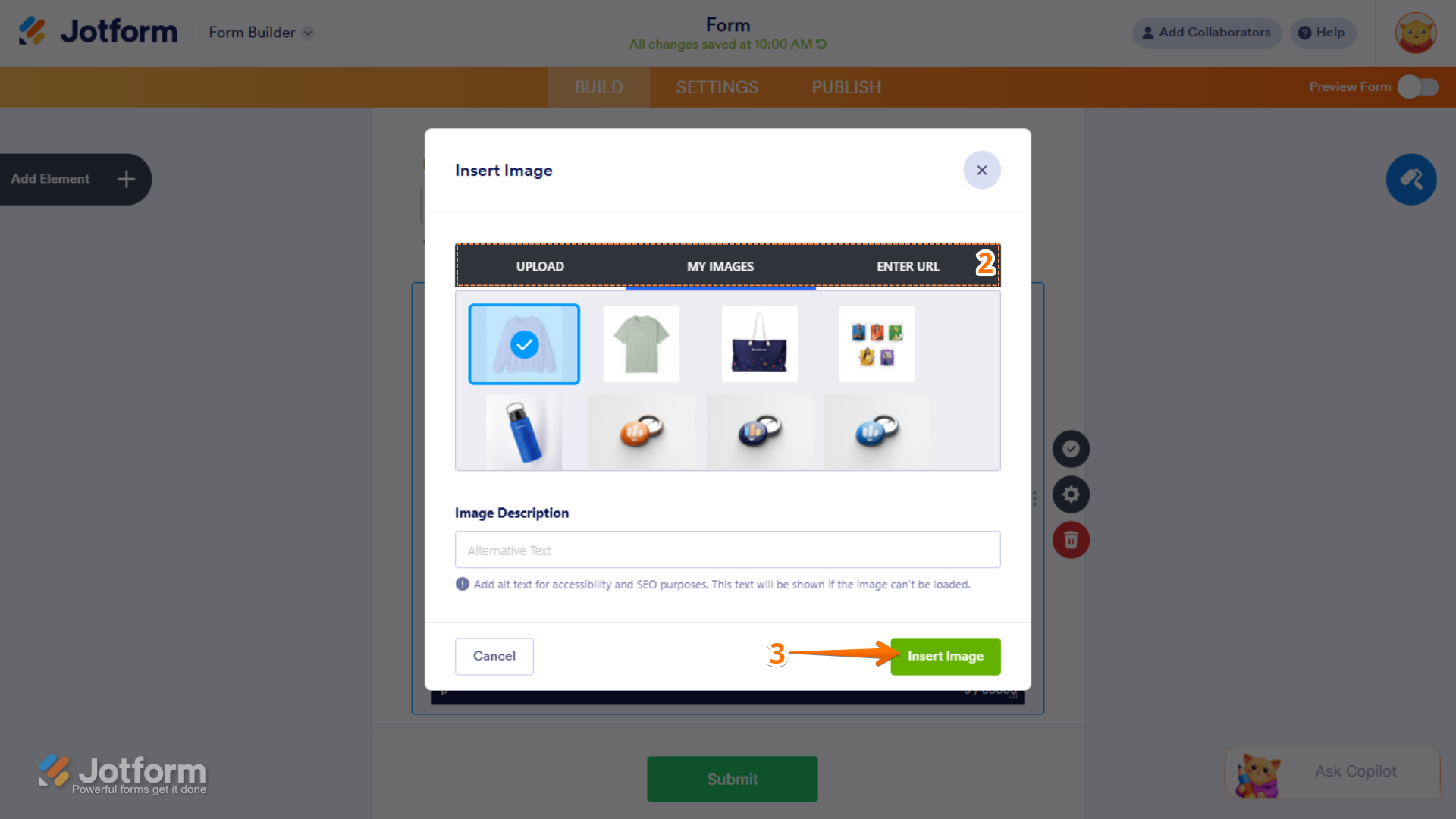 Insert Image button of the Image option in the Paragraph element