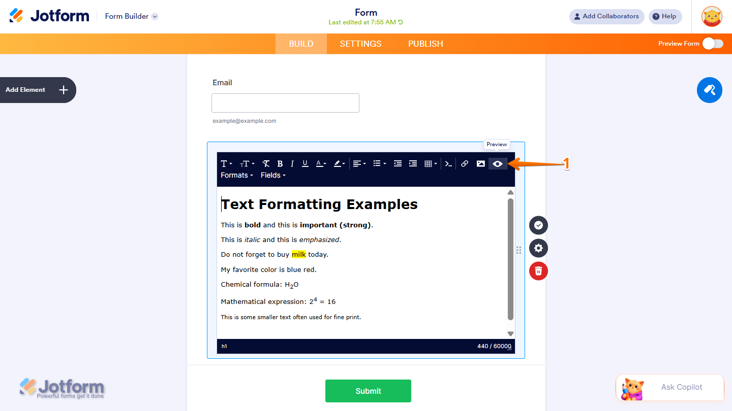 Preview option in the Paragraph element