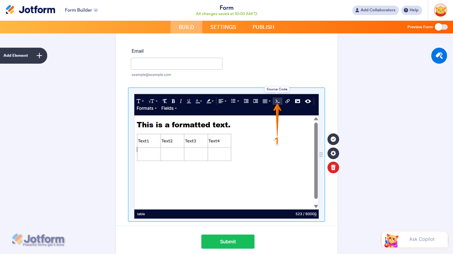 Source Code option in the Paragraph element