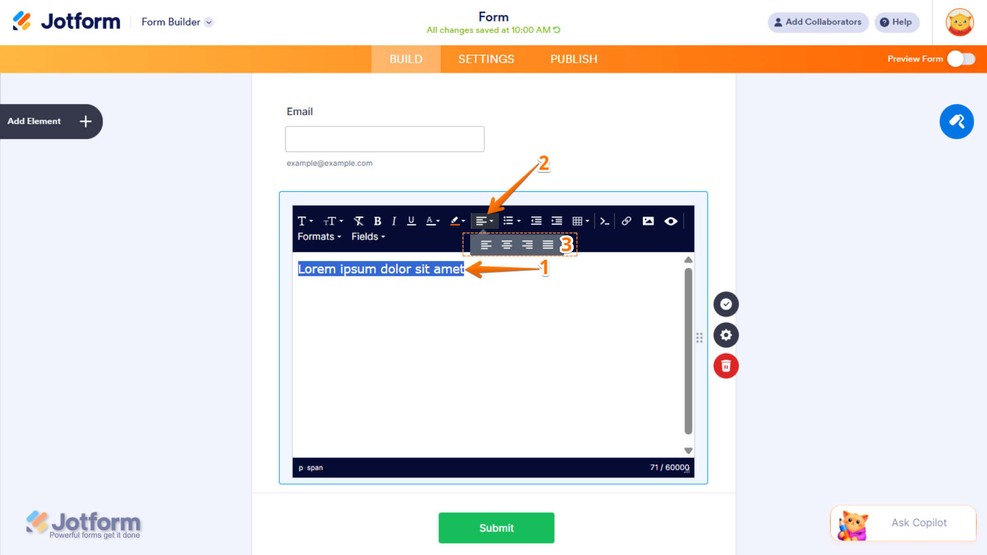 Text Align option in the Paragraph element