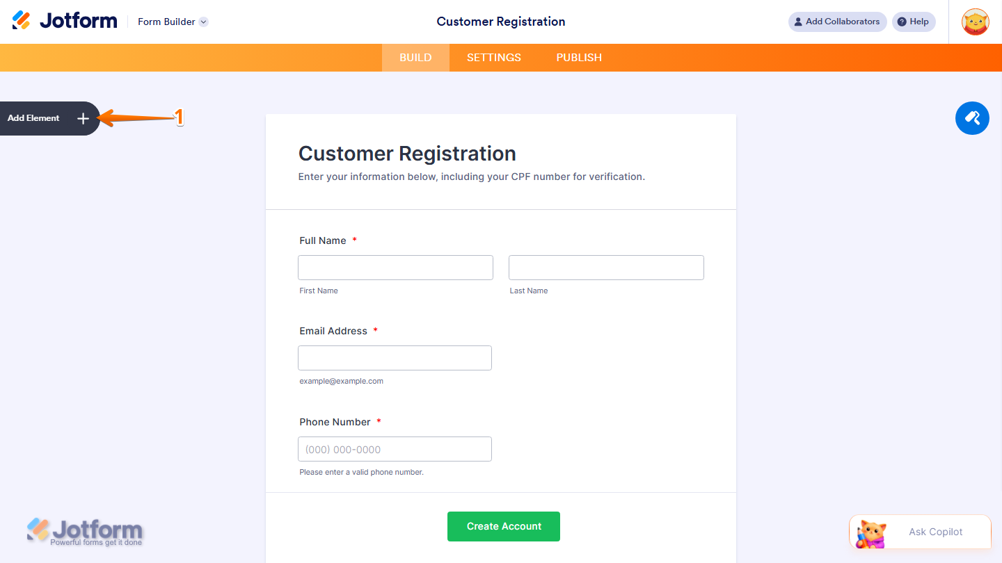 Form Builder showing Add Element button on the left side in Jotform