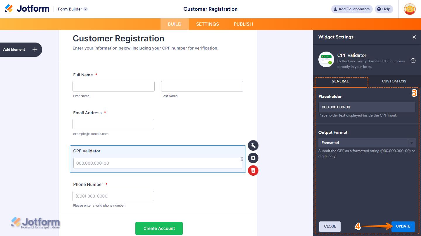 CPF Validator Widget Settings showing Placeholder and Output Format options with Update button in Jotform