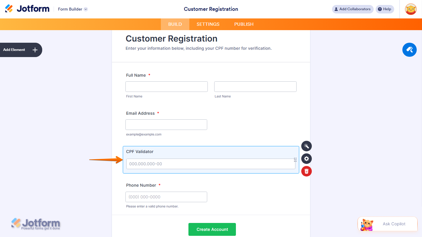 Form Builder showing CPF Validator widget added to the form in Jotform