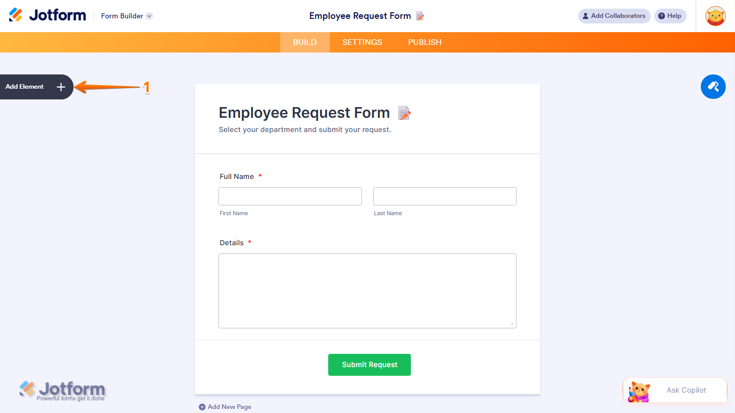 Form Builder showing Add Element button on the left side in Jotform