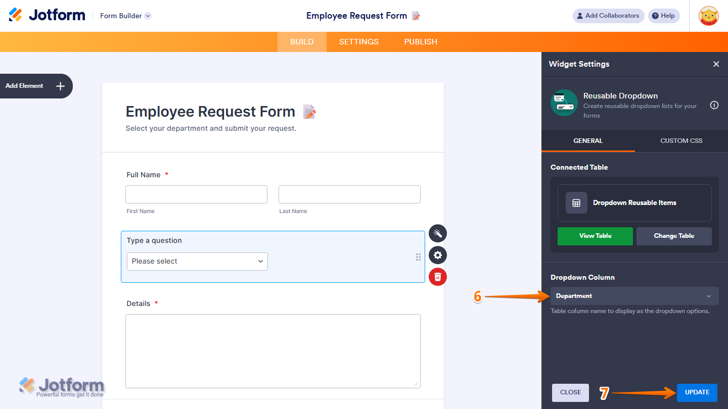 Reusable Dropdown widget settings showing Dropdown Column selection and Update button in Jotform