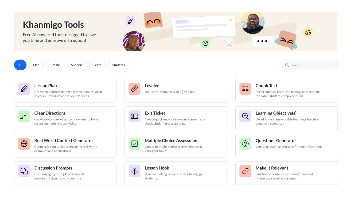 Khanmigo Tools dashboard with AI-powered lesson planning, assessment, and classroom support tools