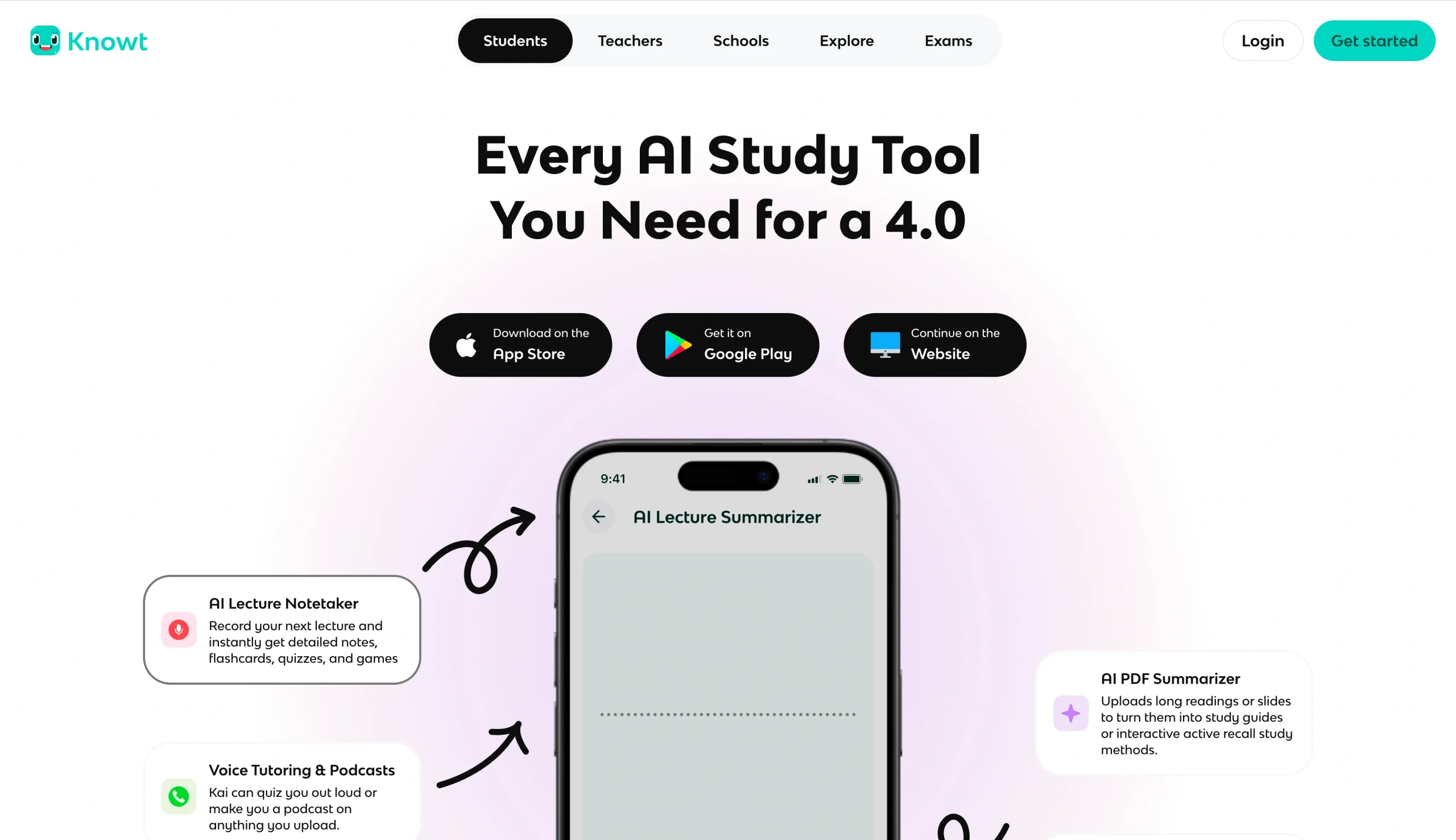 Screenshot of Knowt landing page, showing a headline "Every AI Study Tool You Need for a 4
