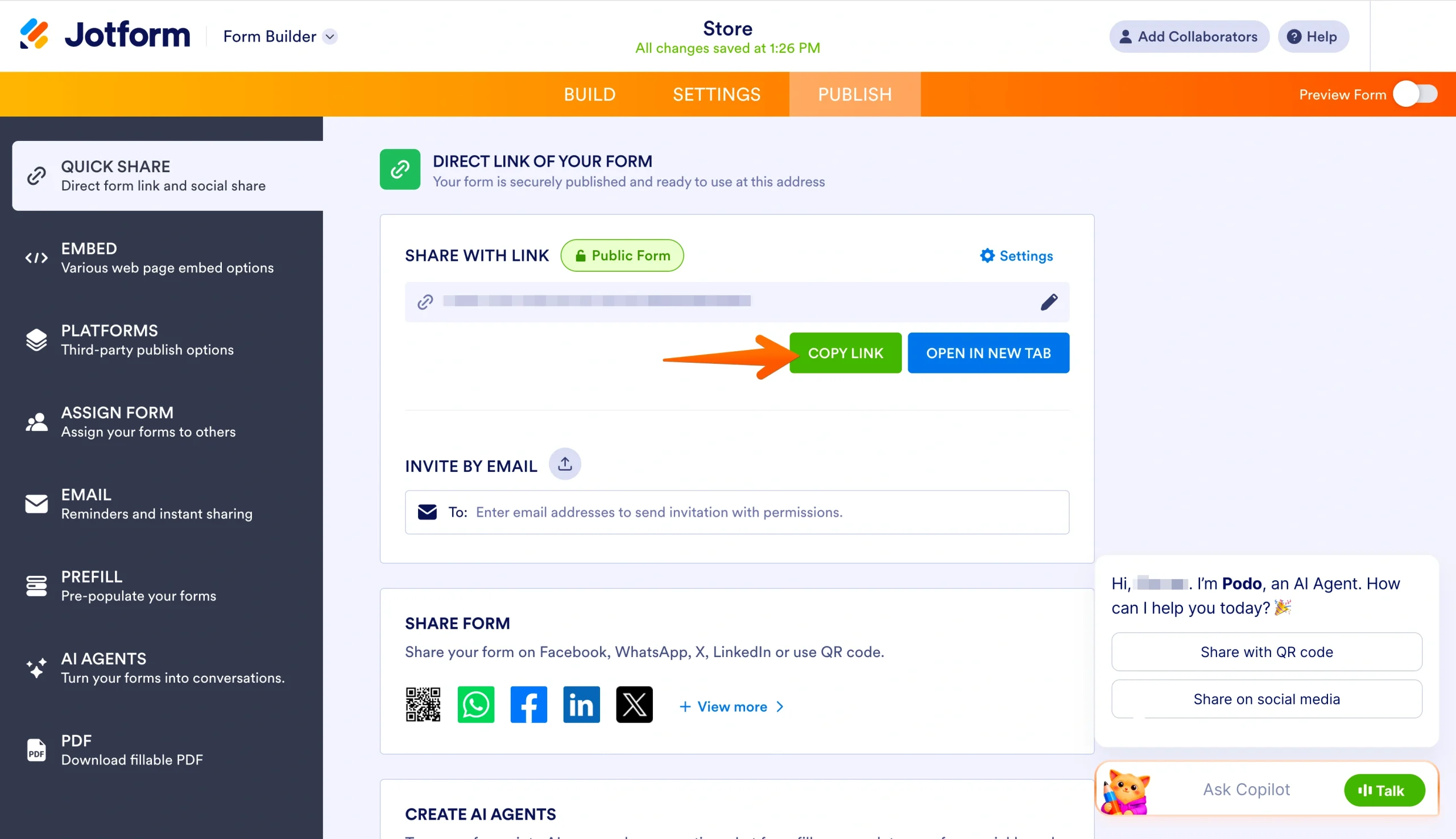 Jotform Publish page with an arrow pointing to the Copy Link button under Share With Link