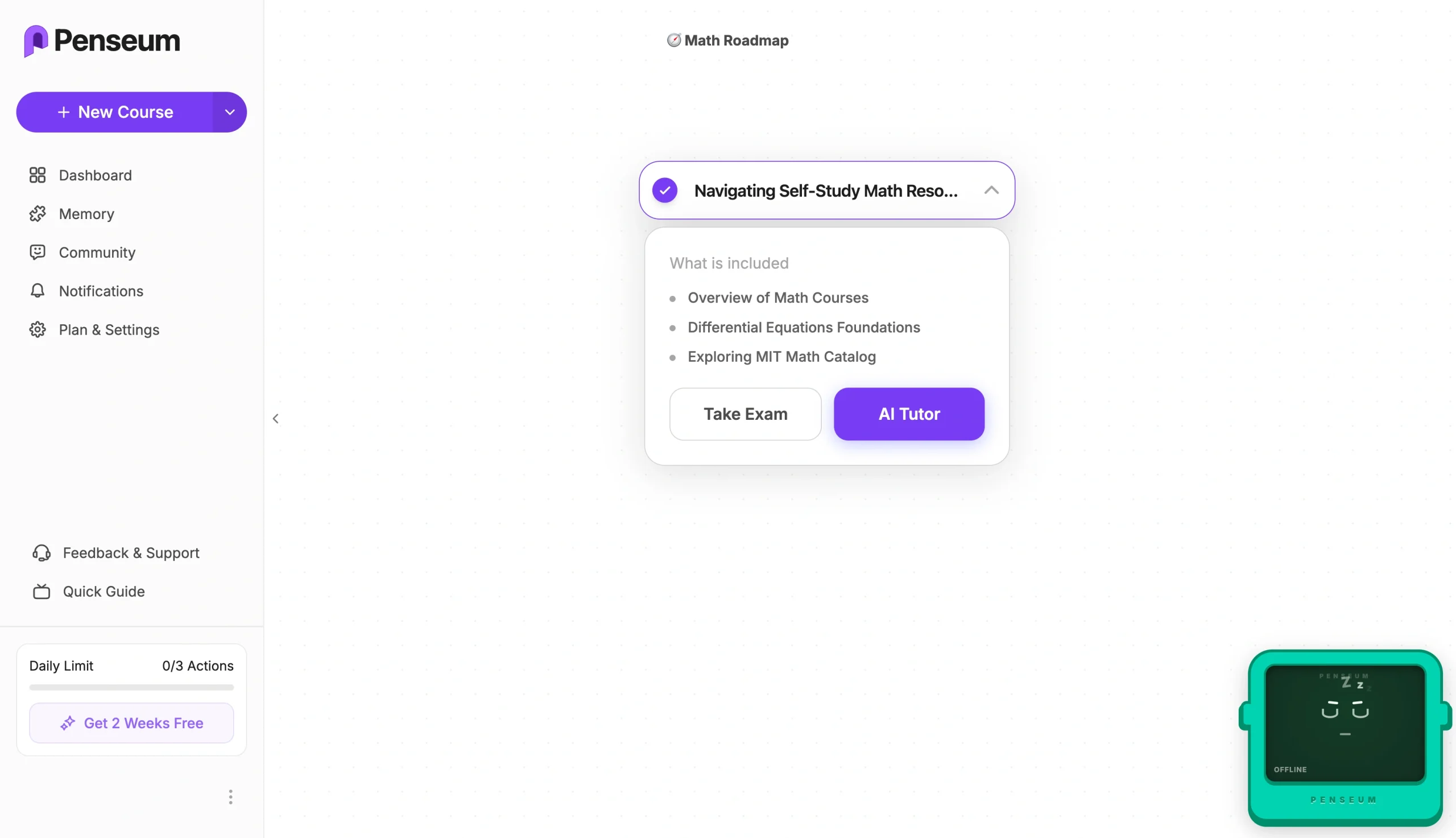Penseum dashboard with an AI tutor course map and interactive study roadmap