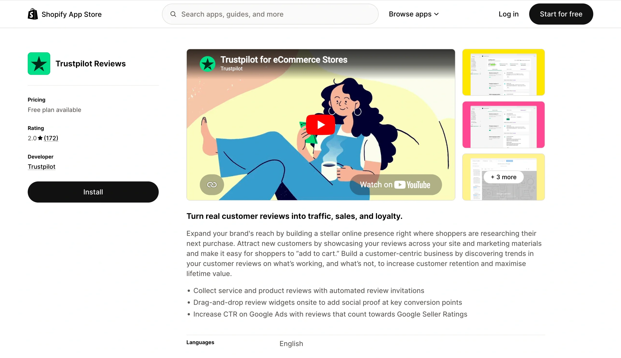 Shopify App Store page for the Trustpilot Reviews app, showing pricing, rating, install button, and review widget features