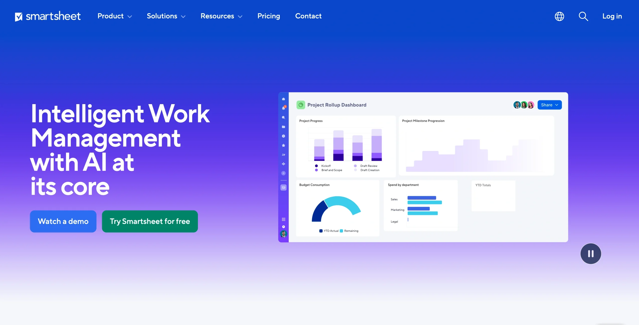 Screenshot of the Smartsheet landing page, showing a headline "Intelligent Work Management with AI at its core"