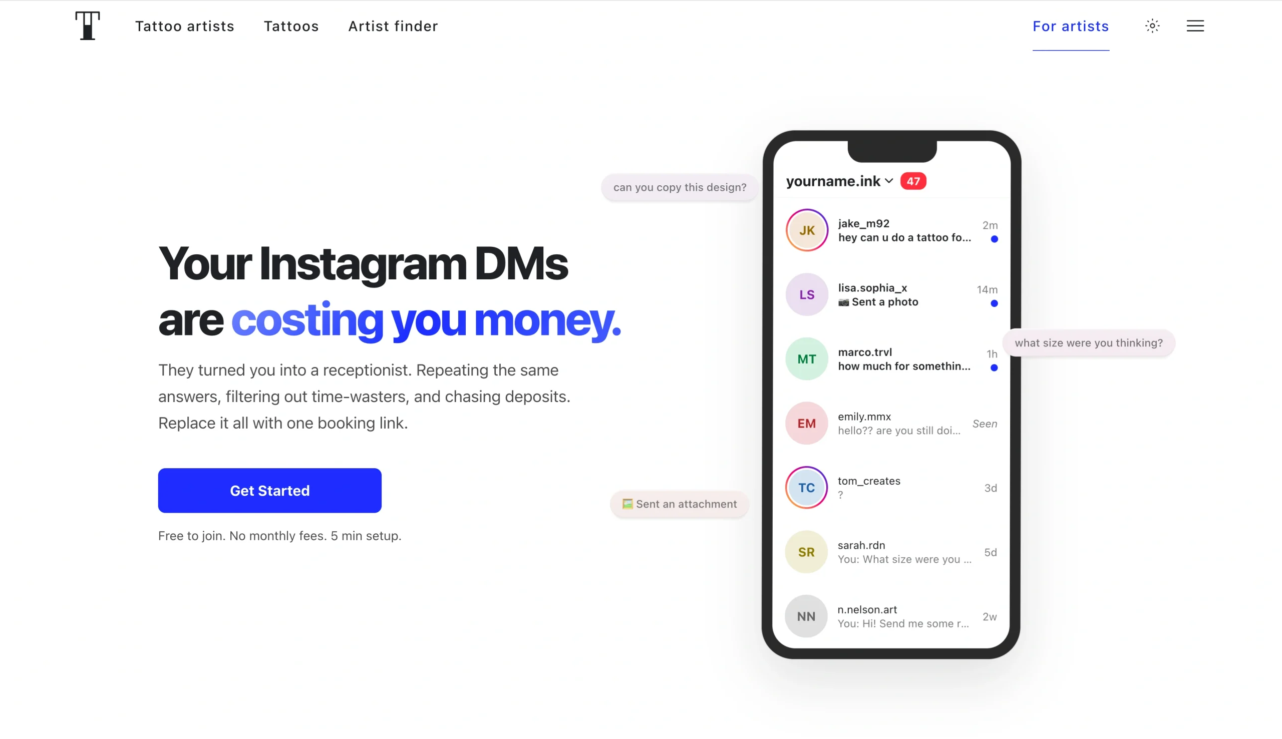 Screenshot of the Tattodo landing page, showing a headline "Your Instagram DMs are costing you money"