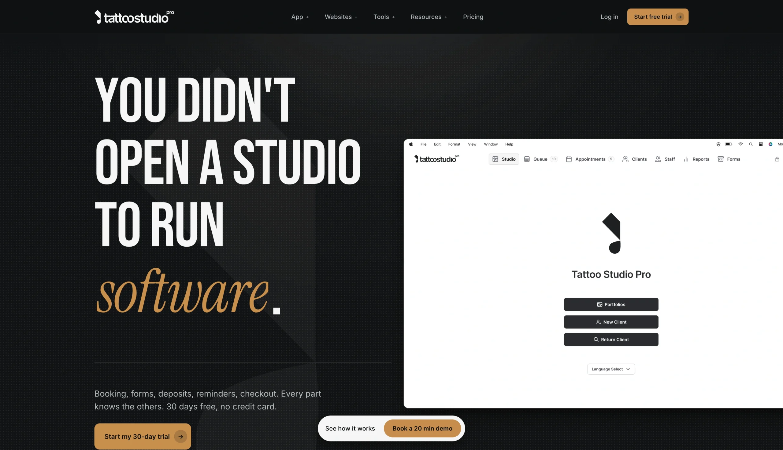 Screenshot of the Tattoo Studio Pro landing page, showing a headline "You didn't open a studio to run software"