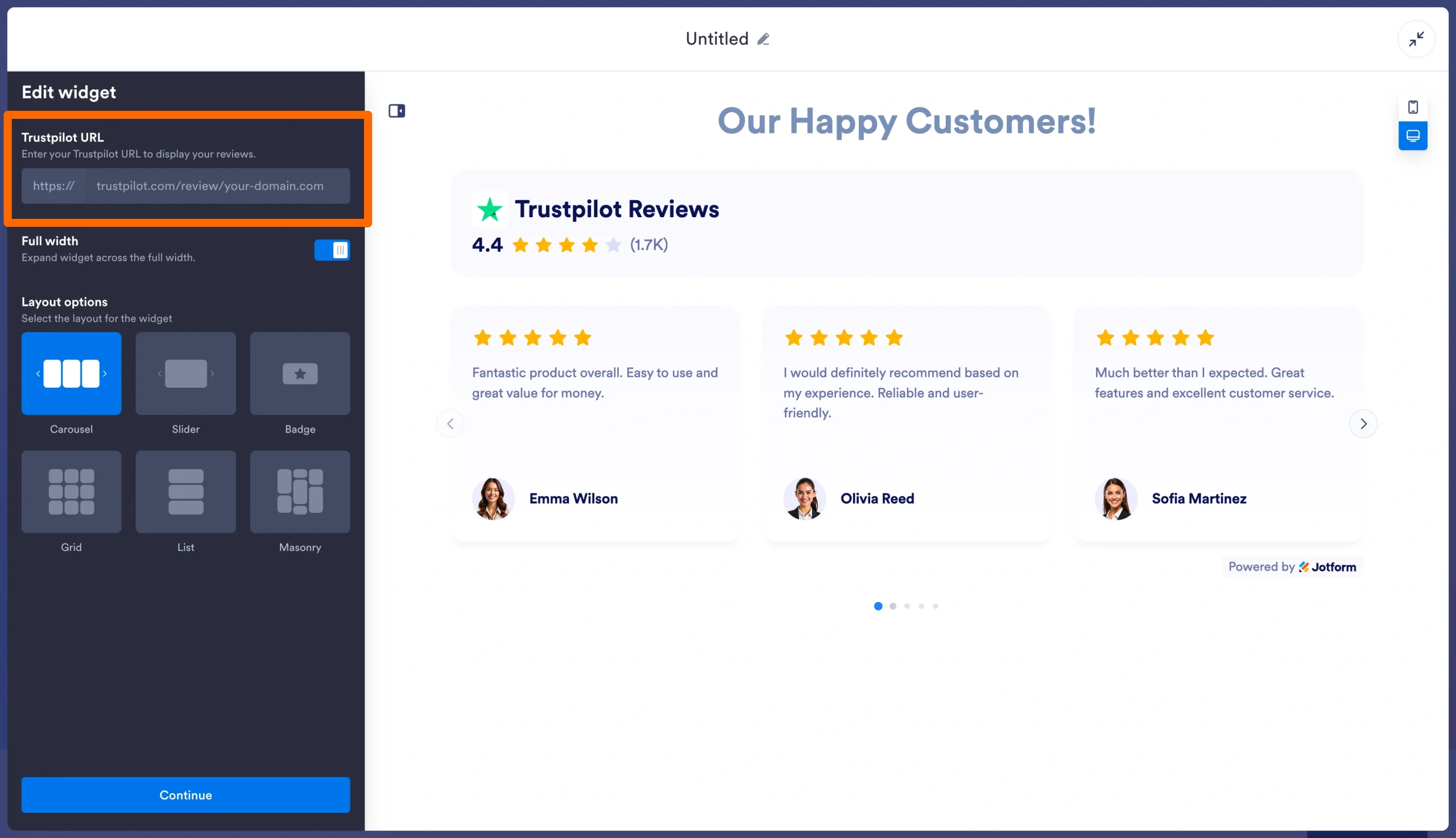 Trustpilot URL field highlighted in the Jotform widget editor