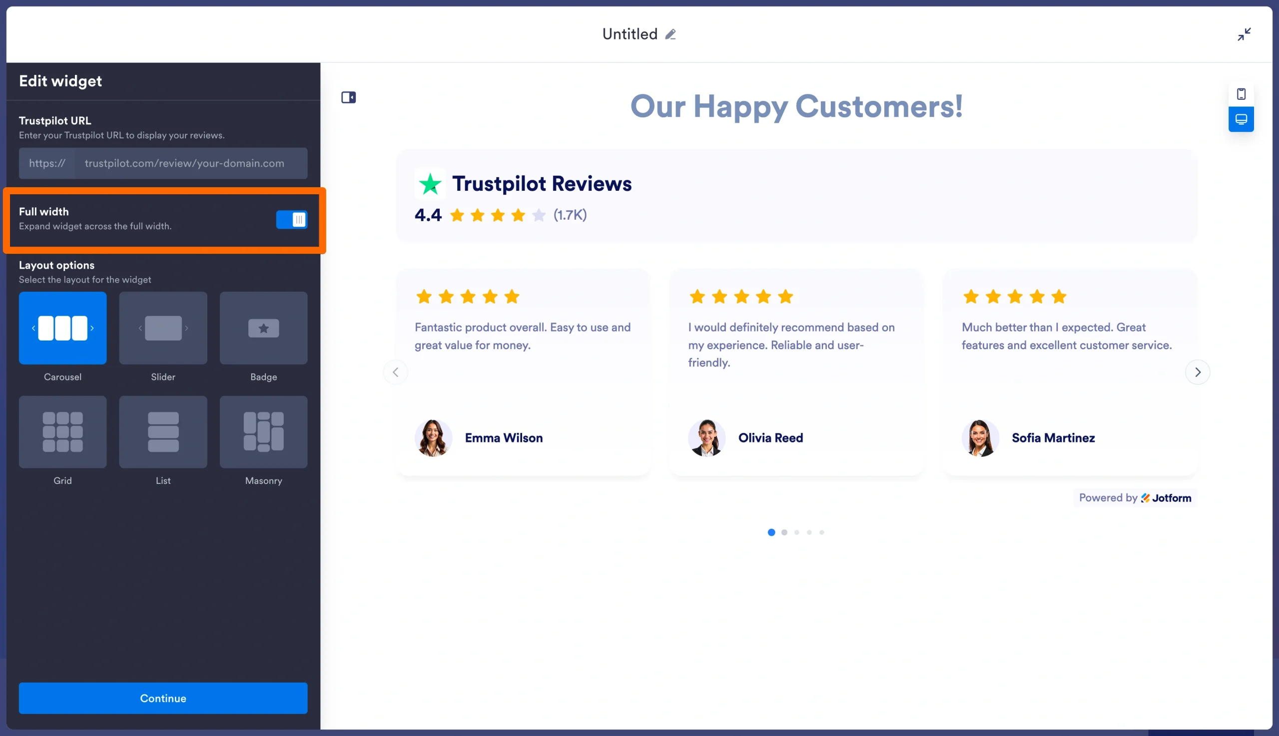 Full Width toggle enabled in the Trustpilot widget settings