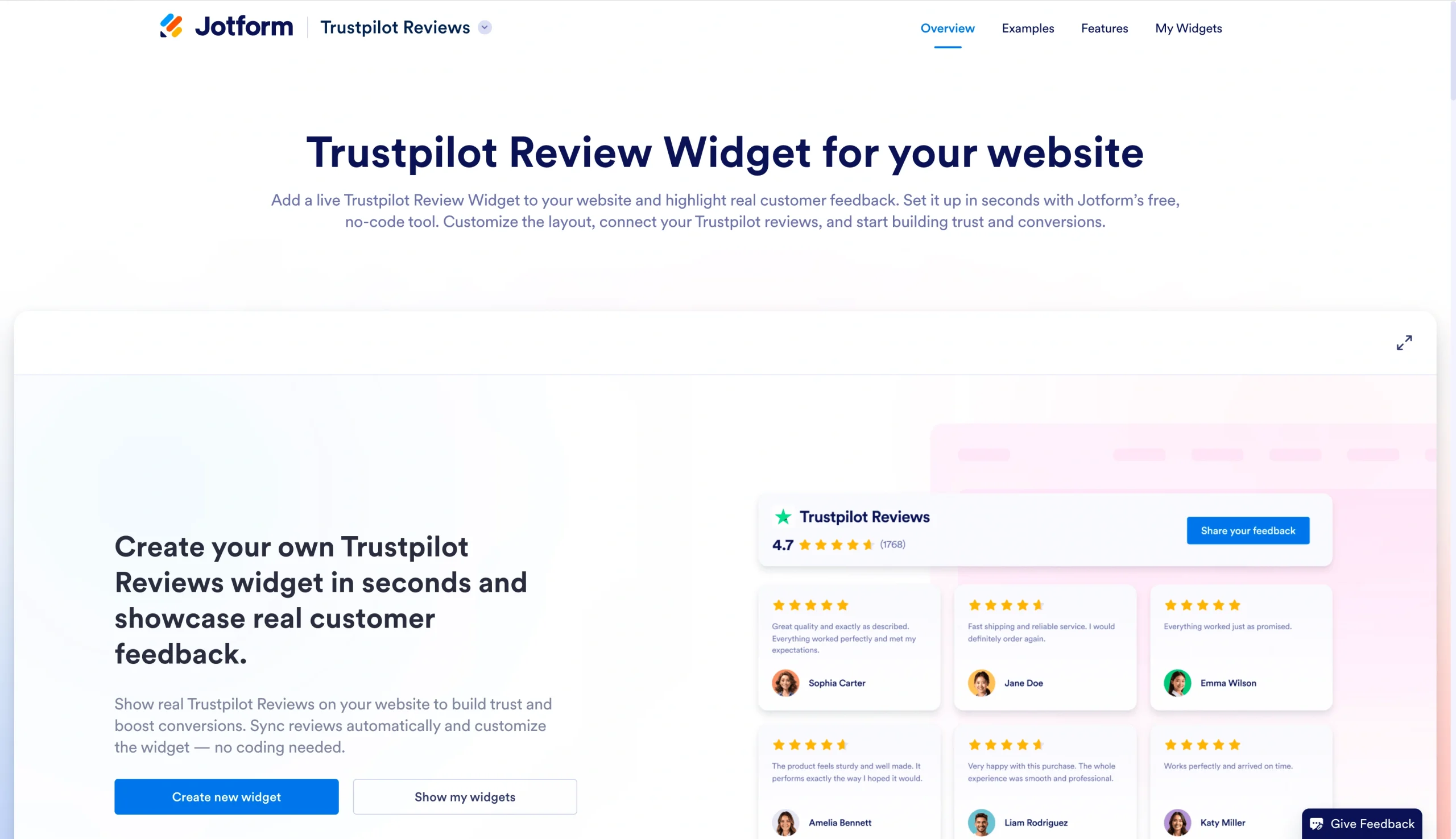 Screenshot of Jotform’s Trustpilot Reviews widget page, showing the widget builder homepage with options to create a new widget and a live review widget preview
