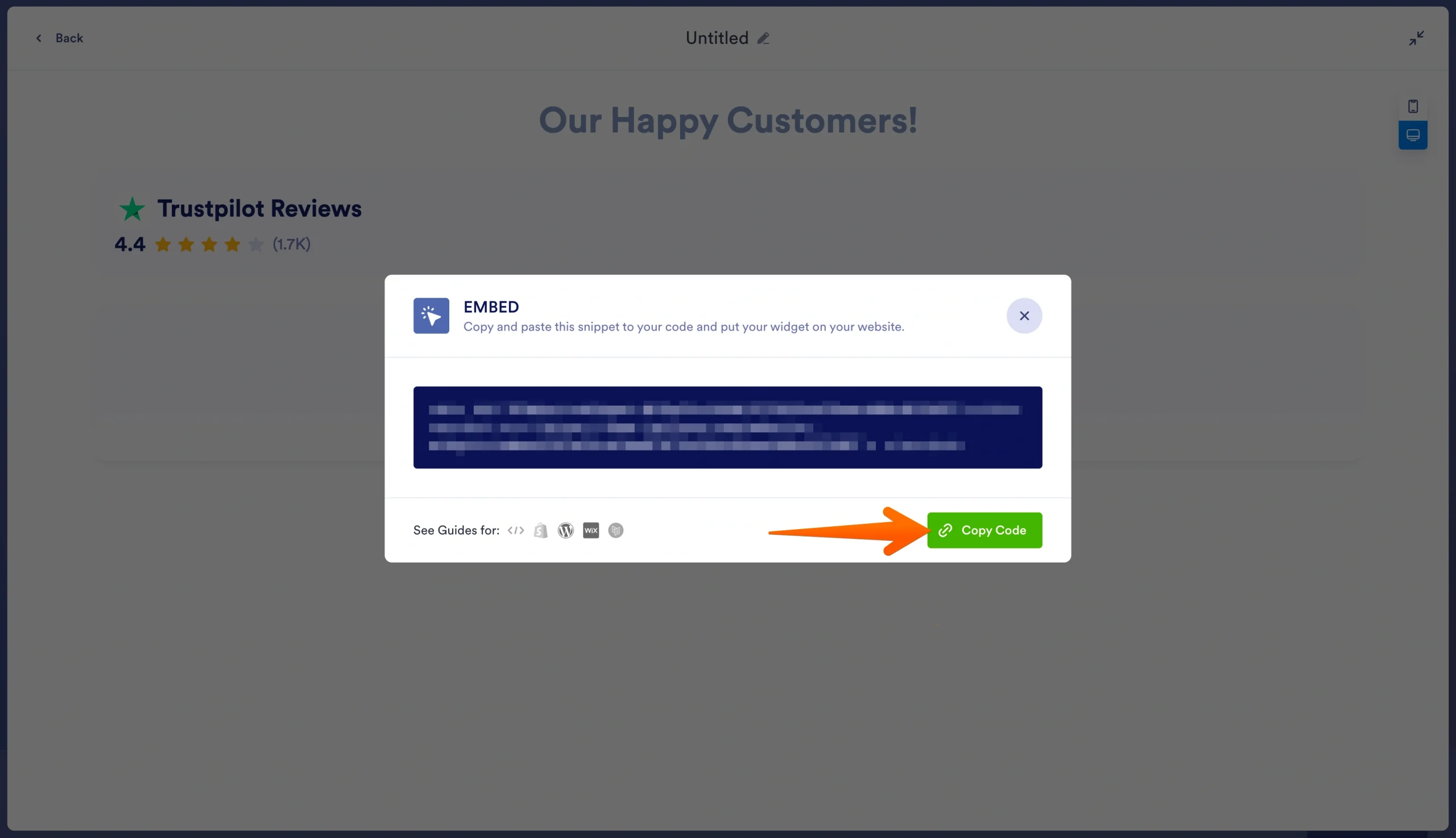 Embed code pop-up with Copy Code button in Jotform