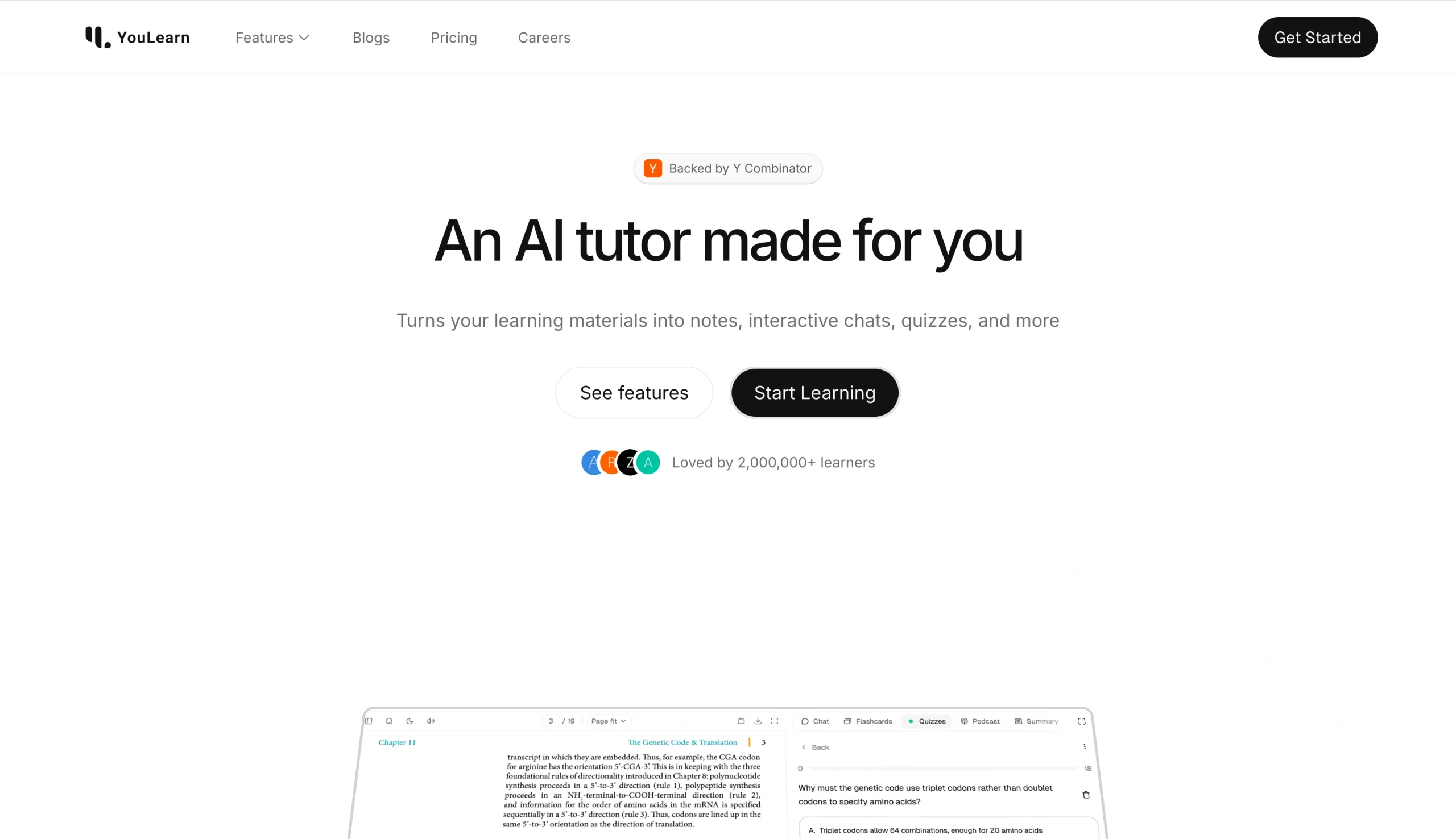 Screenshot of the YouLearn landing page, showing a headline "An AI tutor made for you"