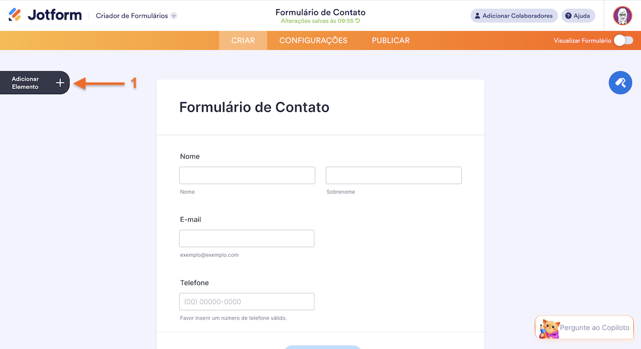 Criador de Formulários mostrando o botão Adicionar Elemento no lado esquerdo na ferramenta Jotform