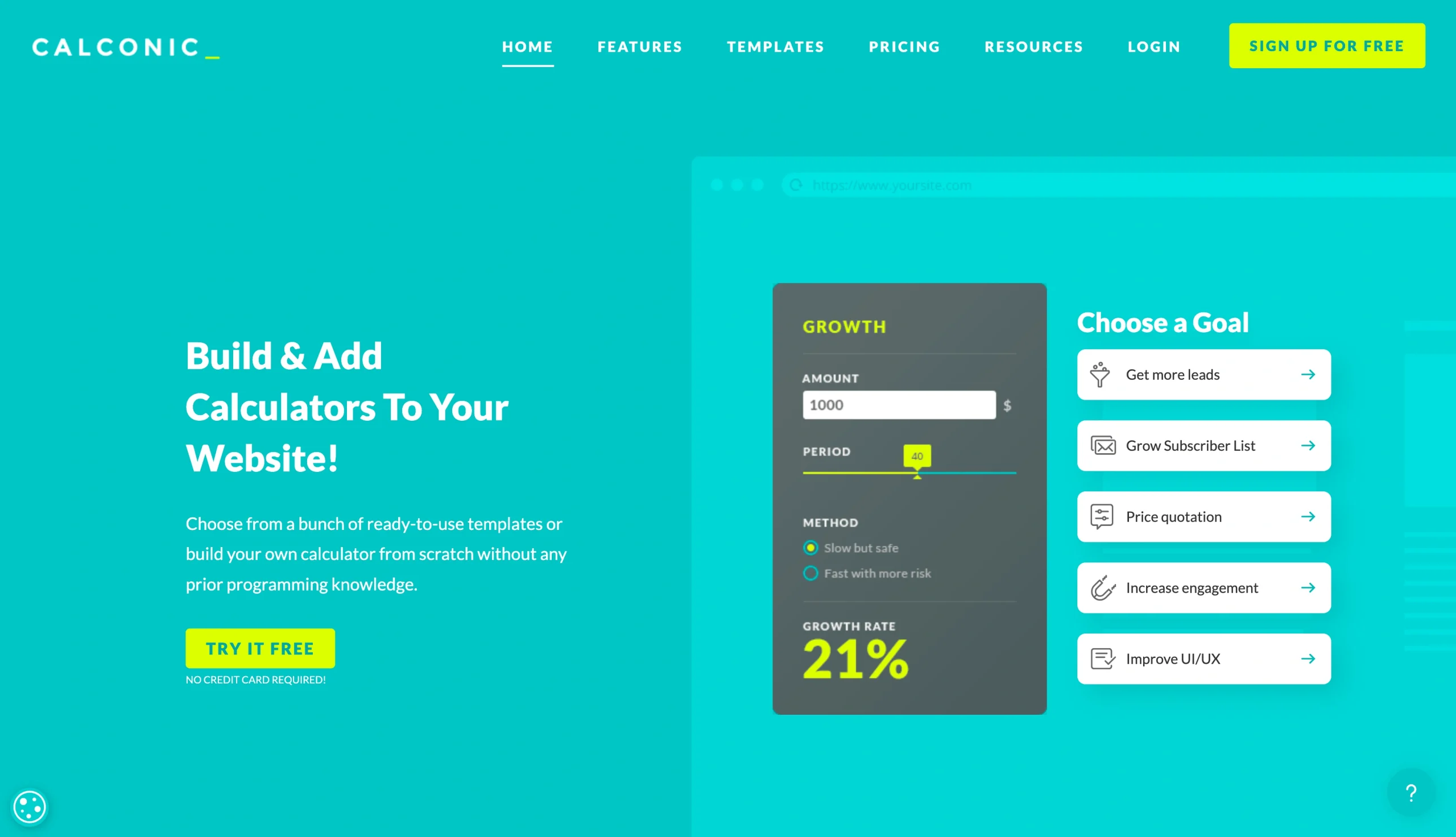 Screenshot of the Calconic landing page, showing a headline "Build & Add Calculators to Your Webiste!"