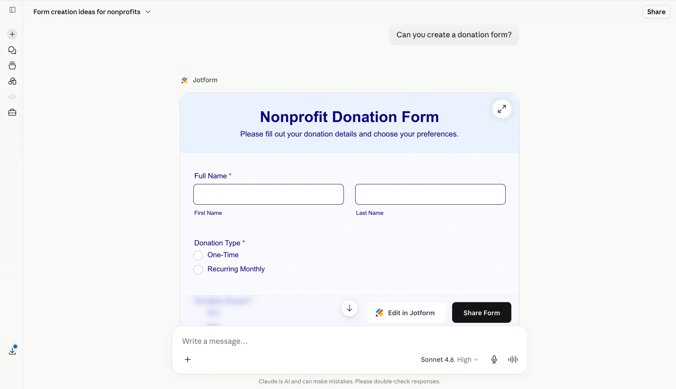 Claude chat creating a nonprofit donation form with a live form preview