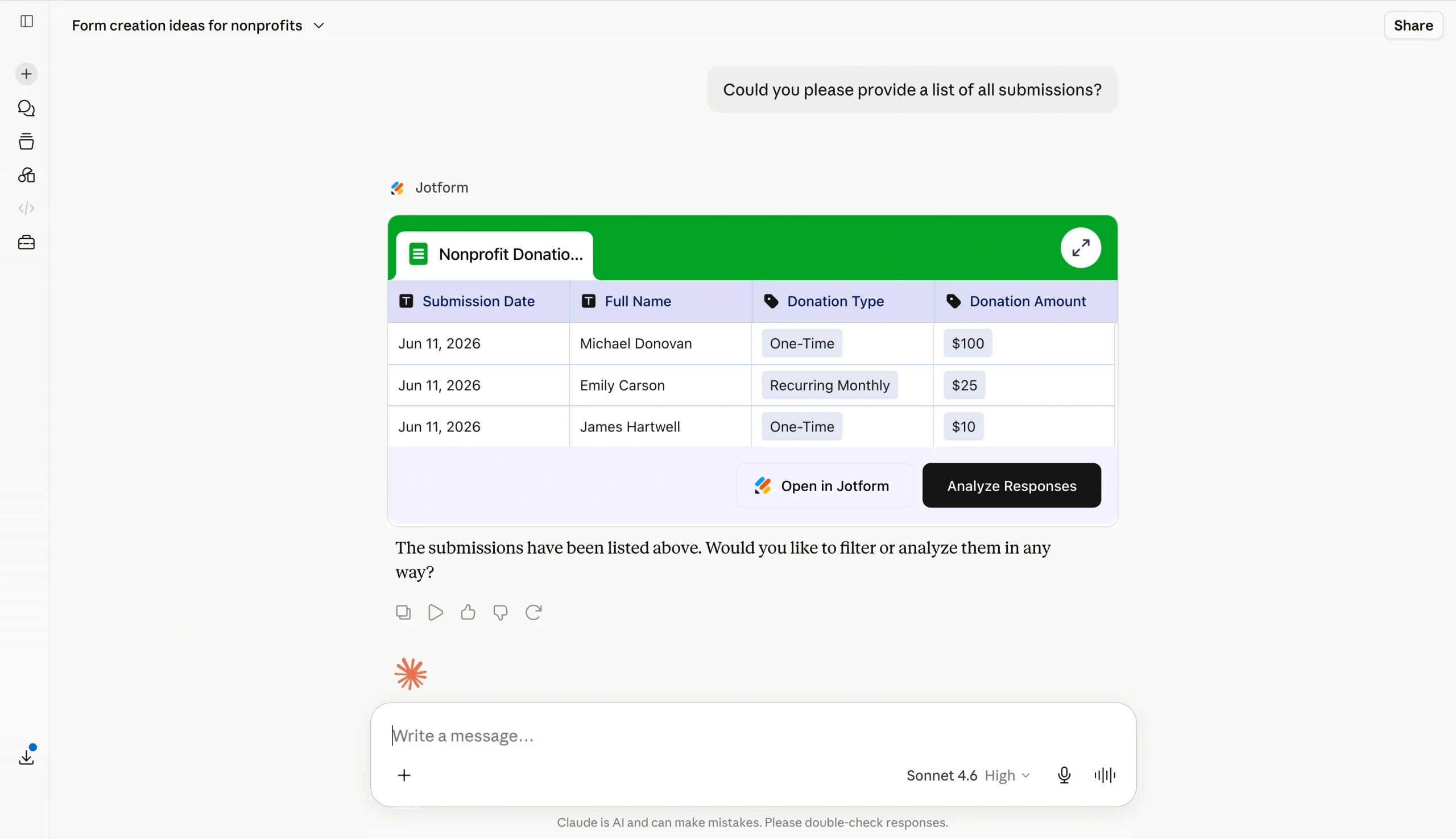 Claude analyzing Jotform submission data and displaying a report results table