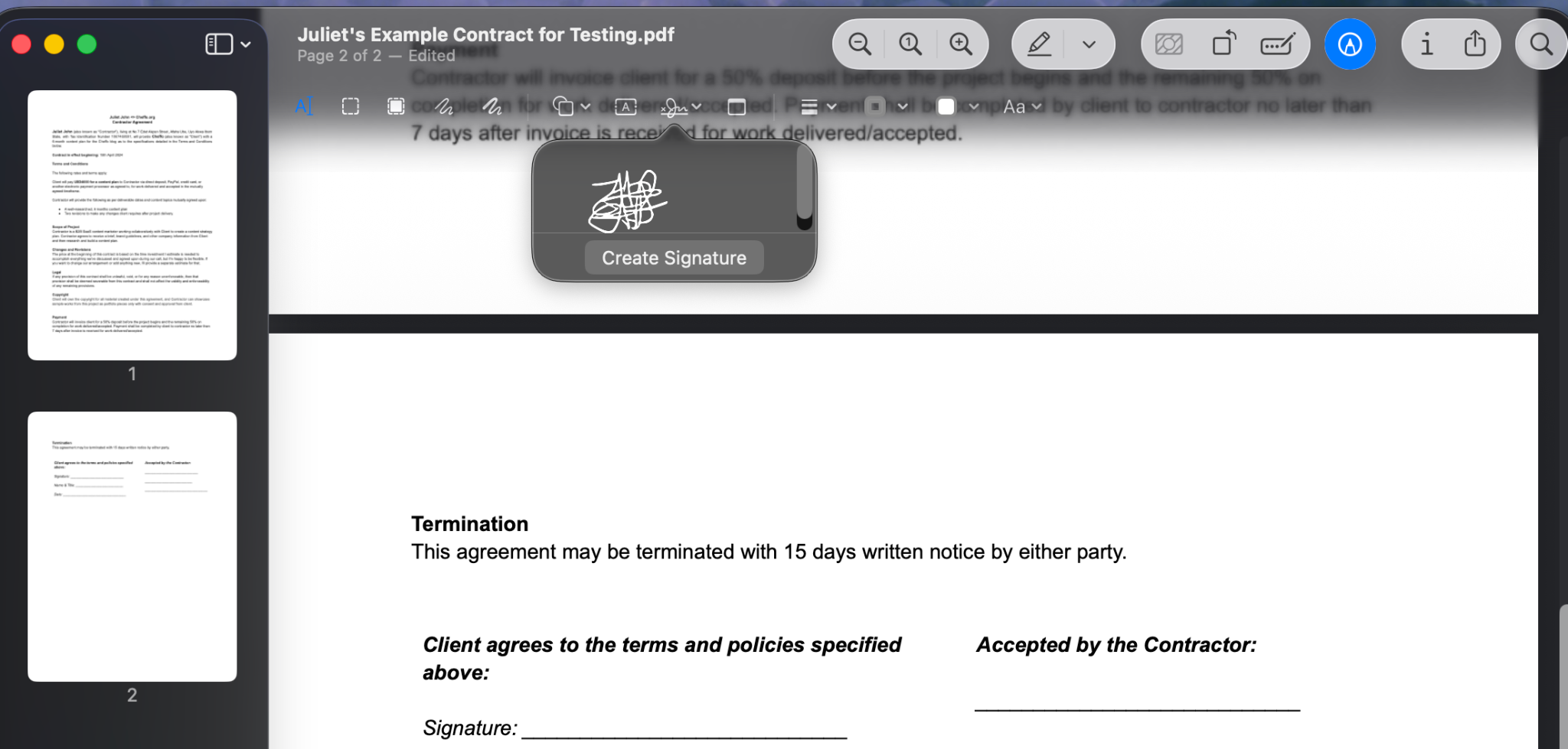 PDF document showing the signature has been saved under the "Sign" icon in the top left toolbar