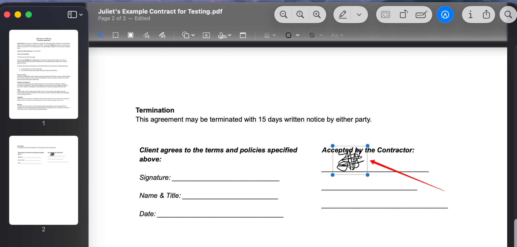 PDF document with an arrow pointing to the signature positioned within the document