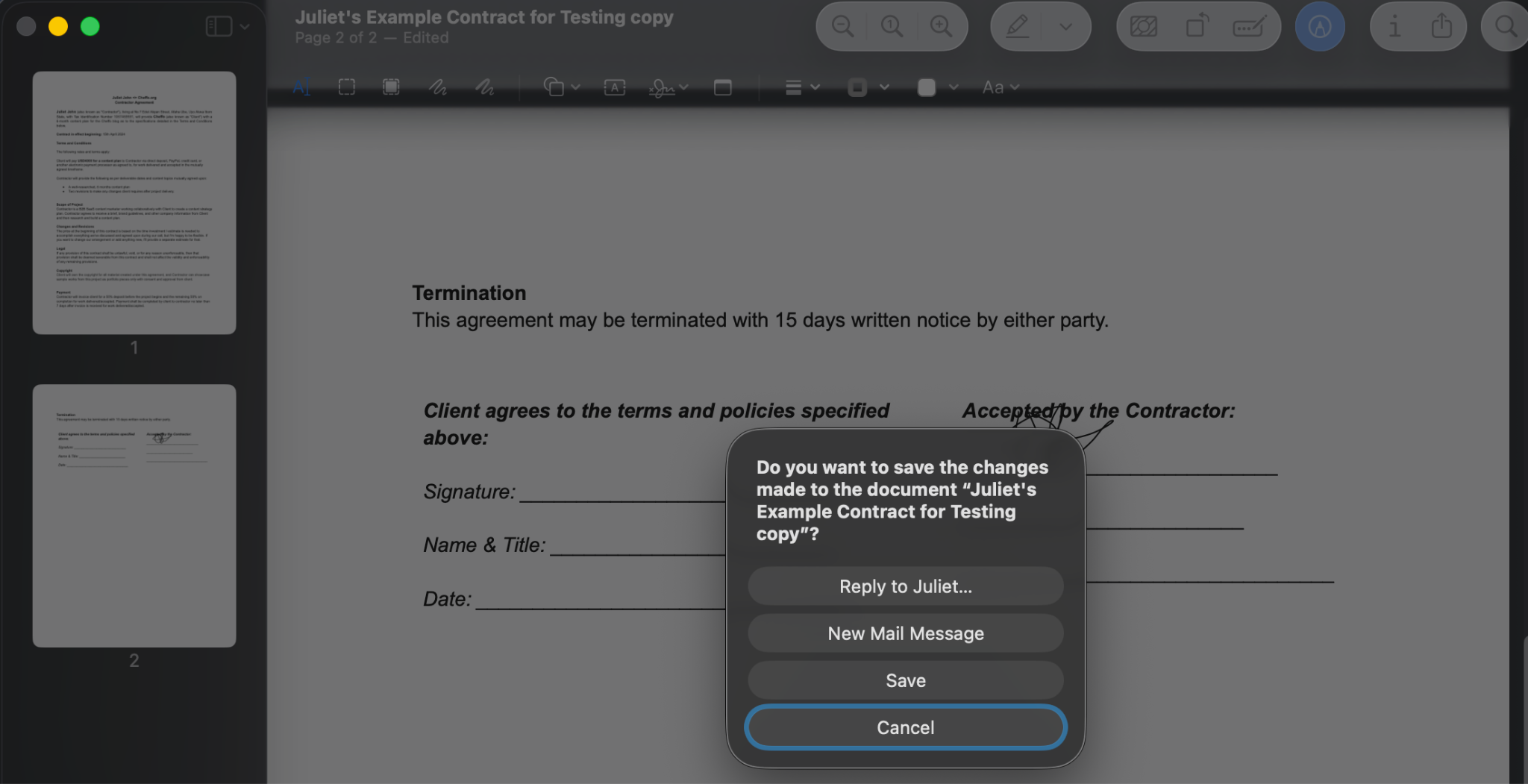 PDF document showing the Save options, such as "Reply to [Sender]" or "New Mail Message"