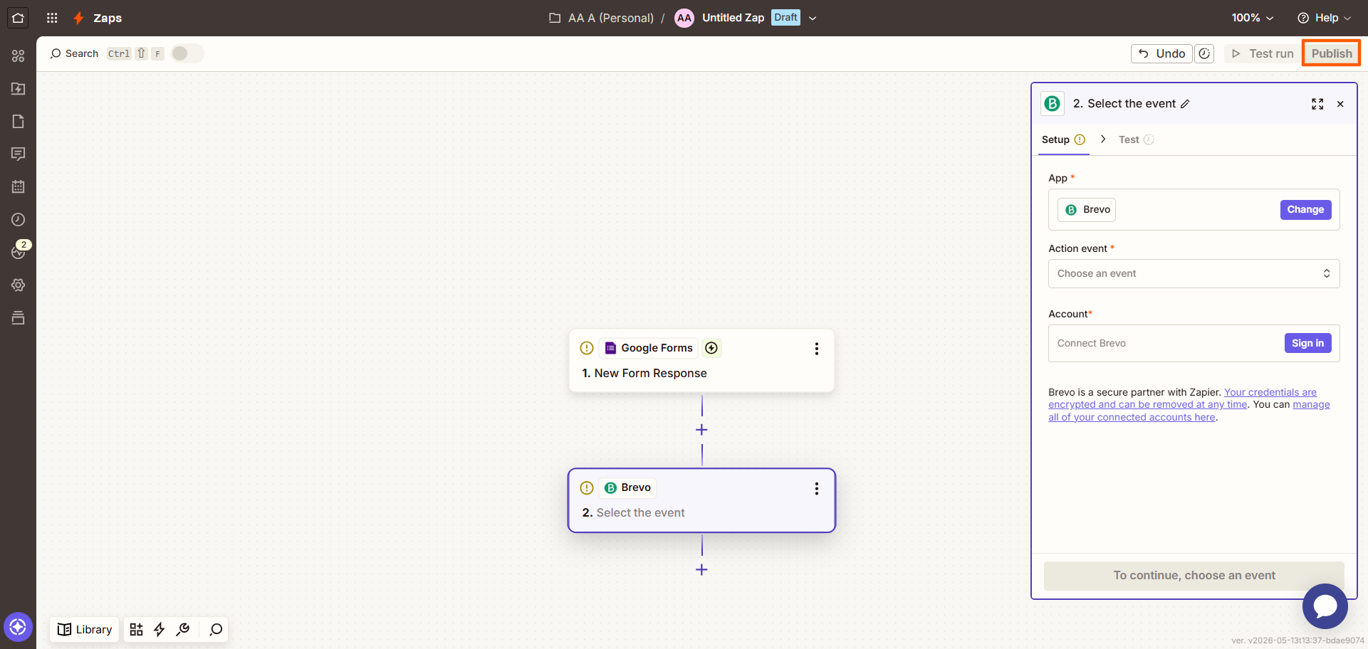 Zapier workflow screen showing the final Google Forms and Brevo automation setup