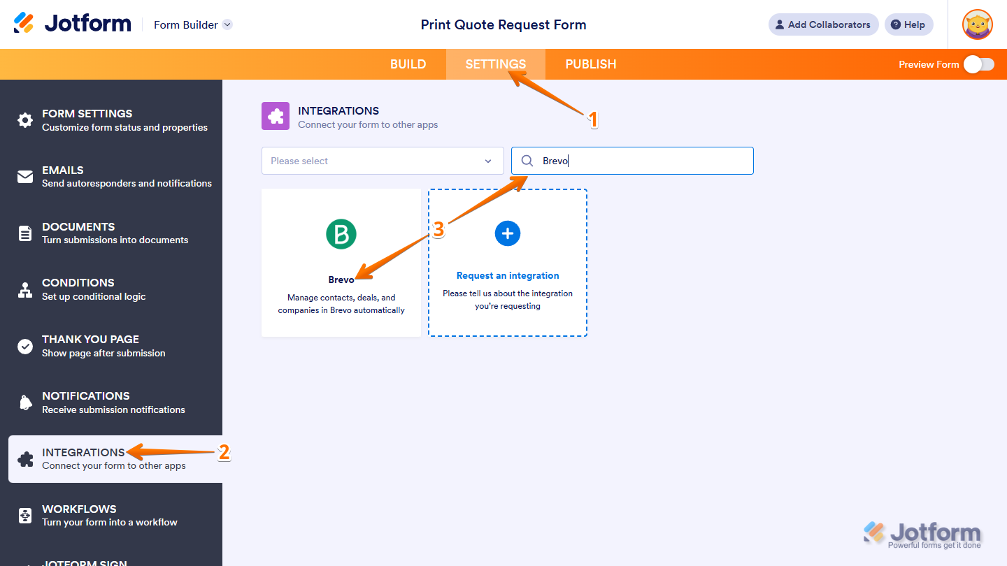 Jotform integration builder screen for connecting Jotform with Brevo