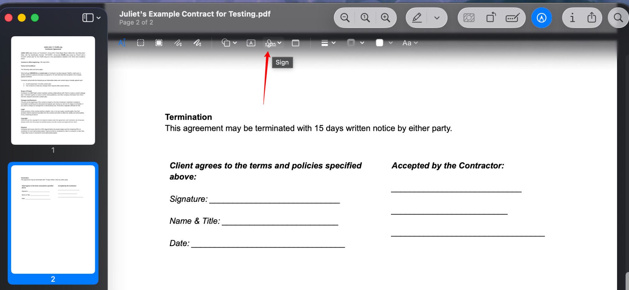 PDF document with an arrow pointing to the "Sign" icon in the top left toolbar