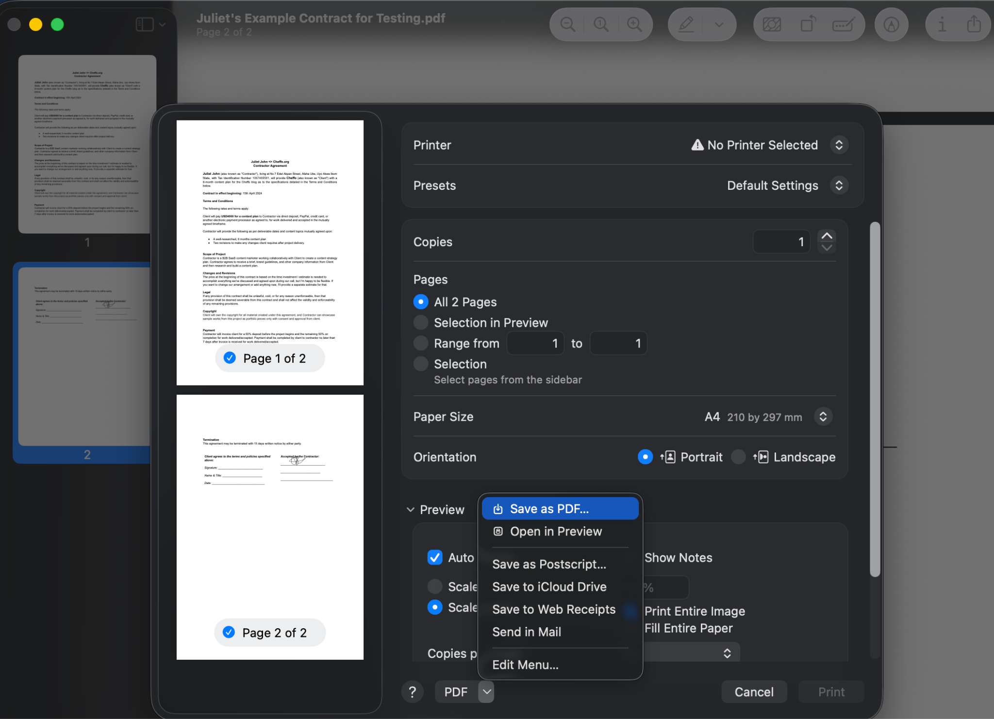 Print window showing the PDF dropdown menu at the bottom of the screen and the "Save as PDF" option