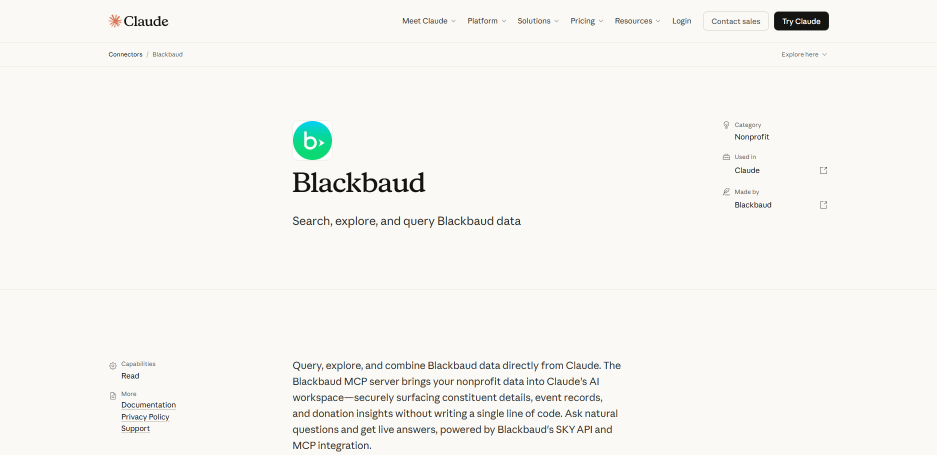 Blackbaud's listing on the Claude connectors page with the words: "Search, explore, and query Blackbaud data"