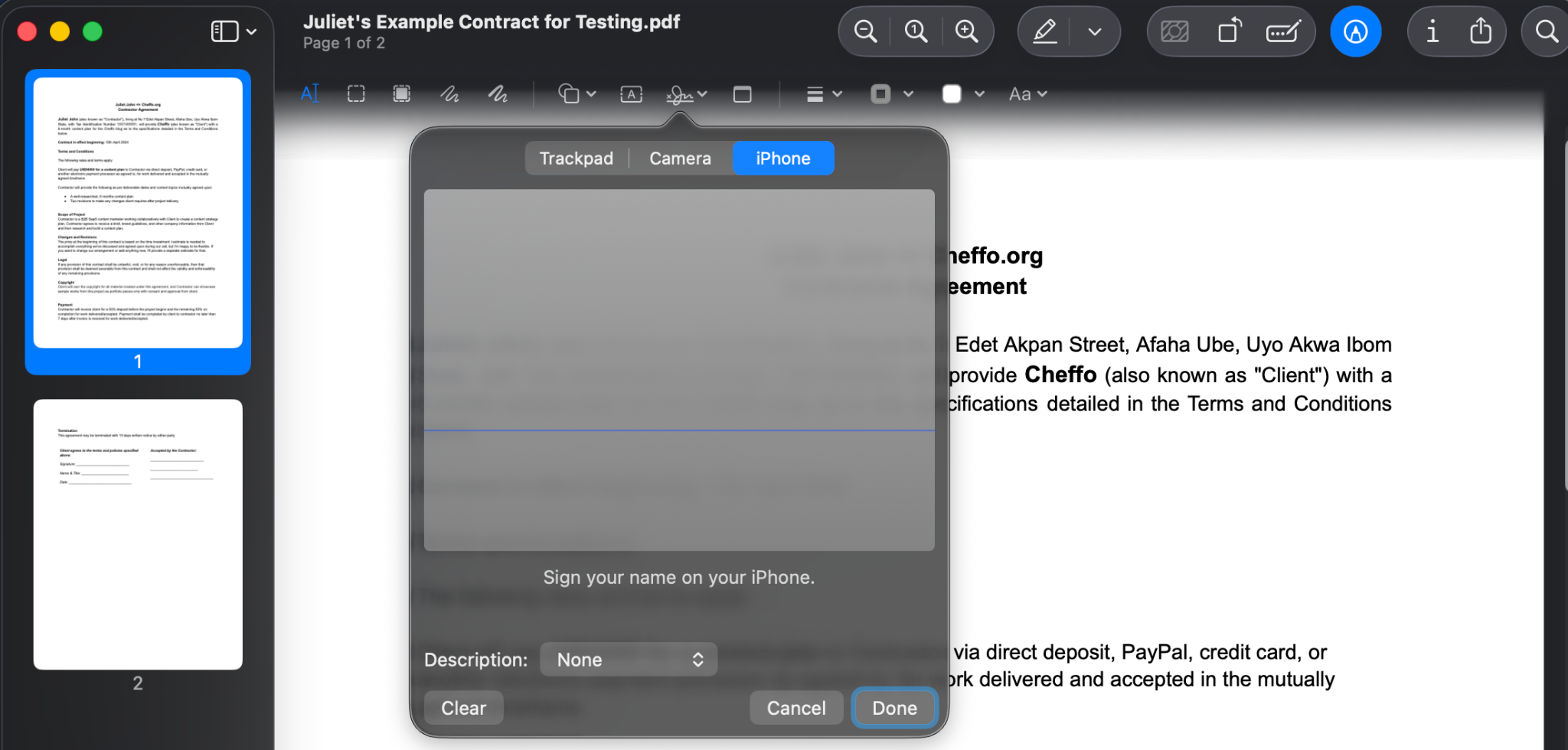 PDF document showing the iPhone modal window option