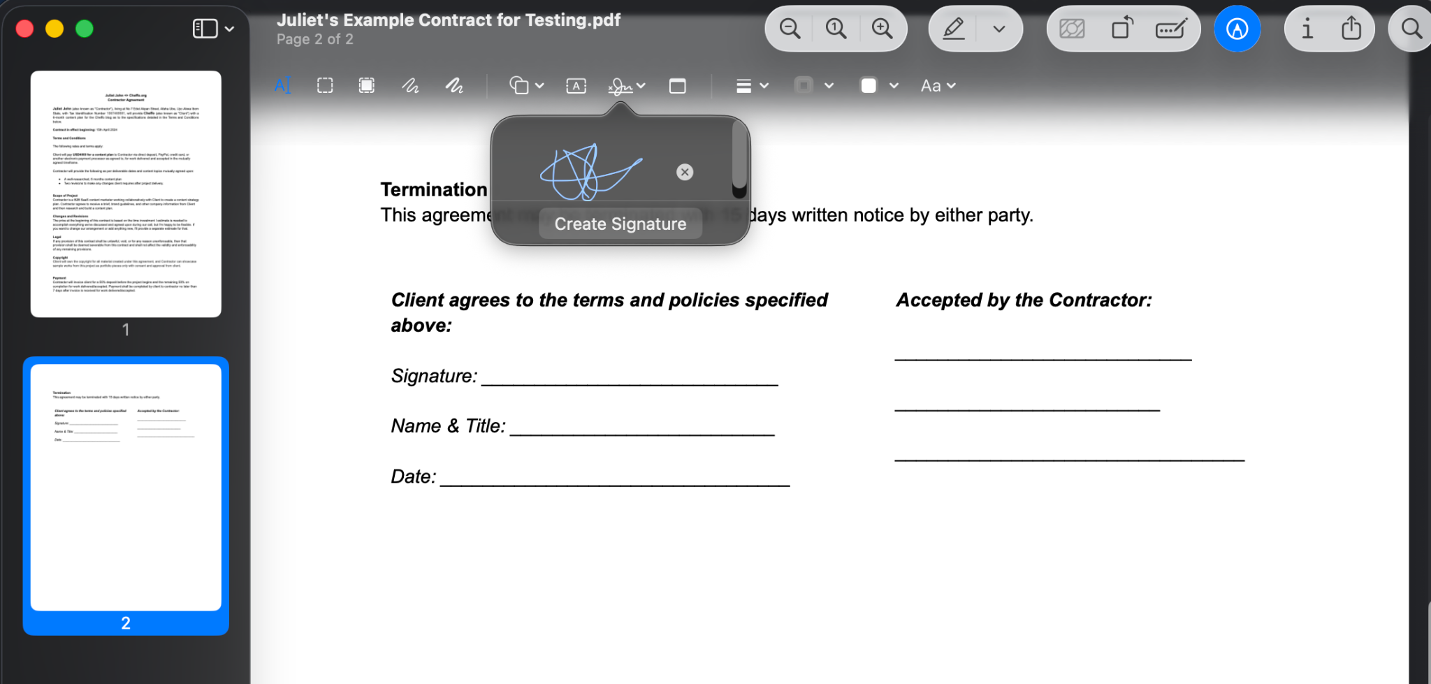 PDF document showing the signature has been saved under the "Sign" icon in the top left toolbar