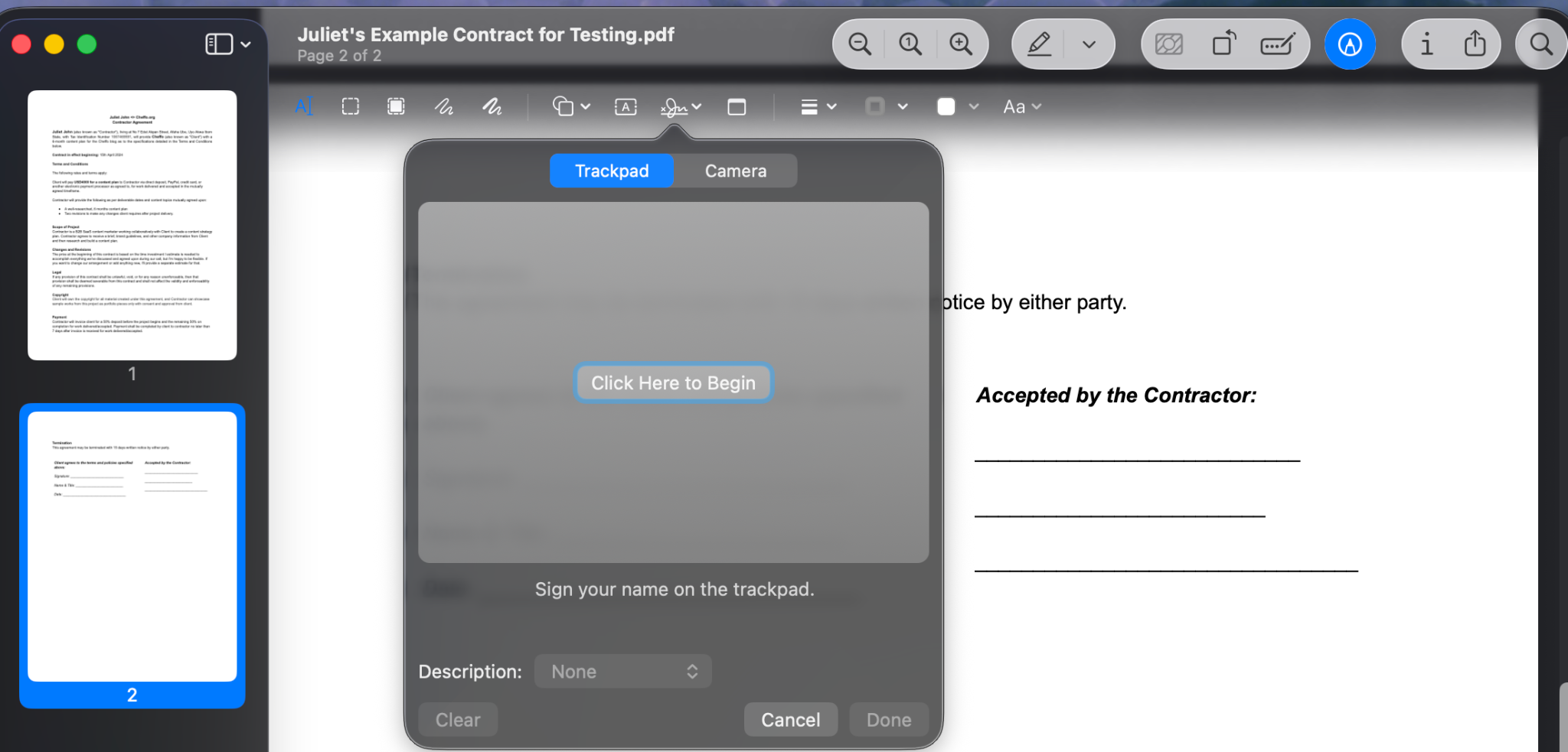 PDF document showing the "Click Here to Begin" button in the Trackpad modal window option