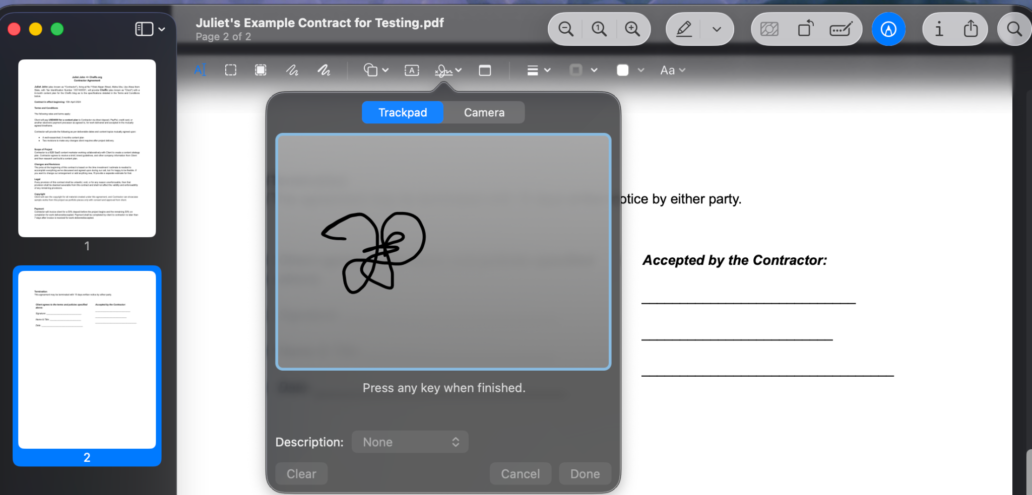 PDF document showing a signature drawn using the trackpad in the Trackpad modal window option