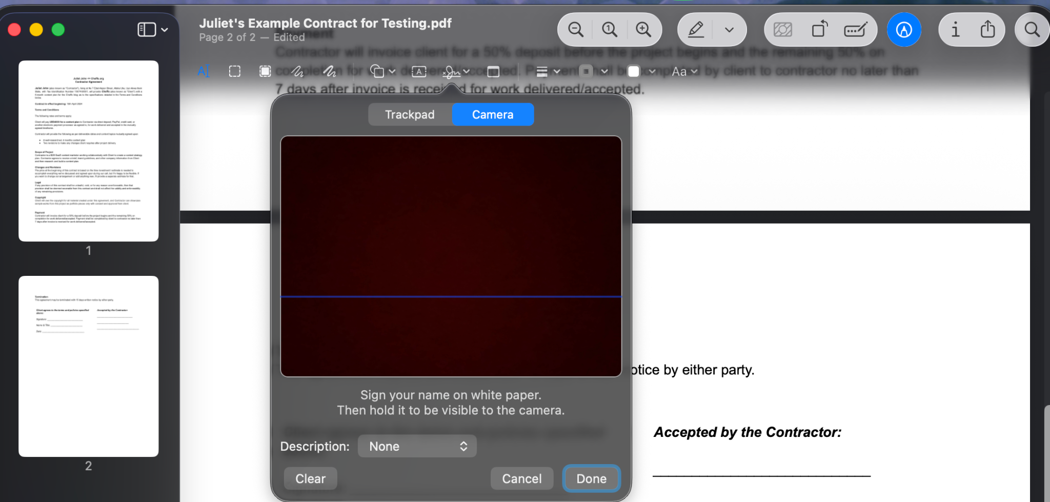PDF document showing the Camera modal window option