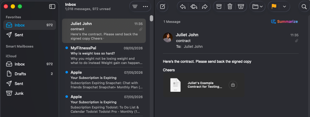 Mac Mail app showing an email with a PDF attachment