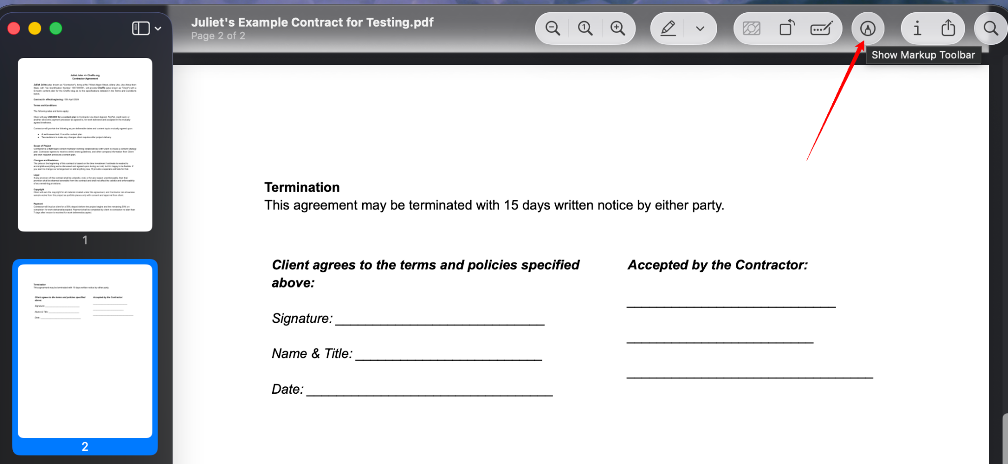PDF document with an arrow pointing to the "Show Markup Toolbar" icon (pencil) in the top right corner