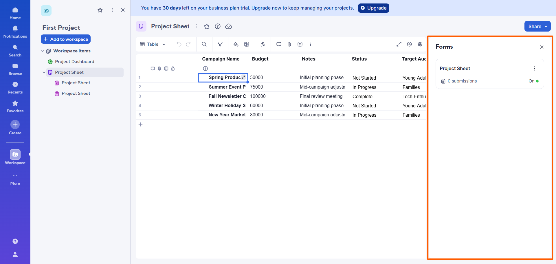 Smartsheet interface with the "Forms" dialog box highlighted, where you can view connected forms