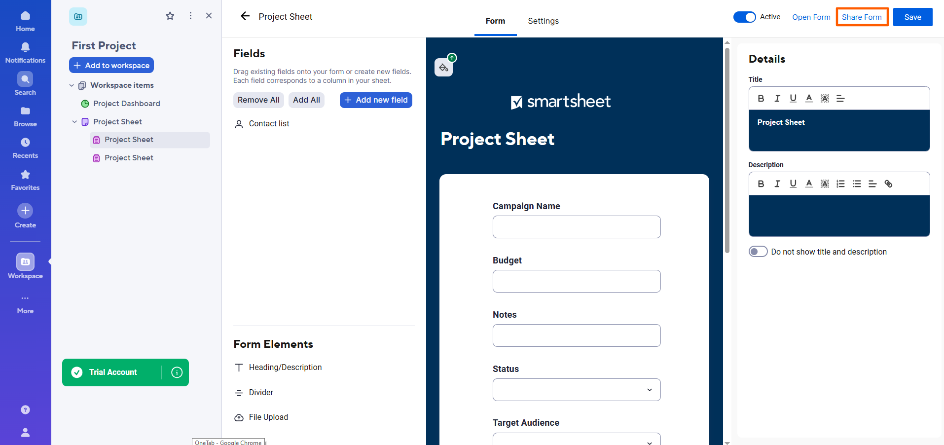 Smartsheet interface with the "Share Form" option highlighted