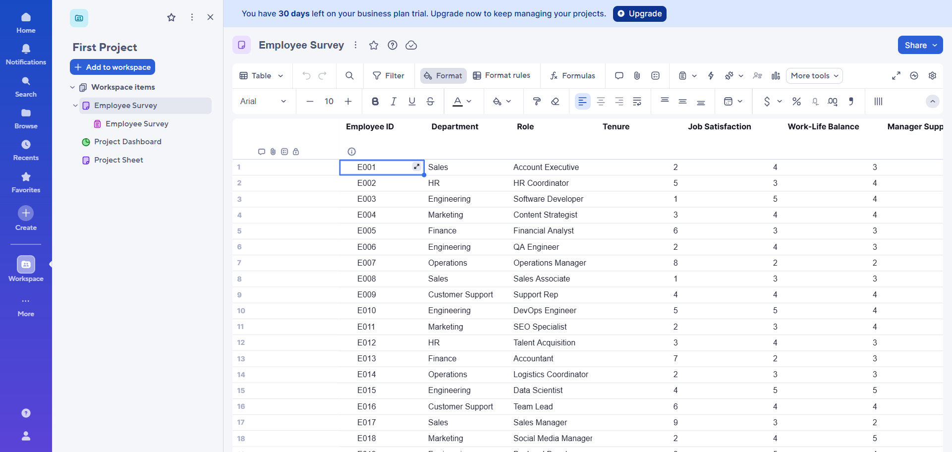 Smartsheet interface showing an example sheet