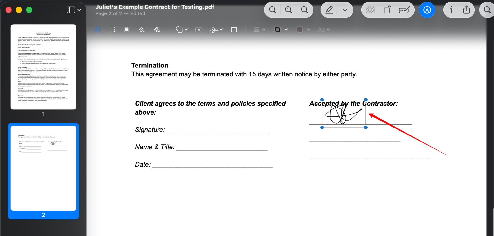 PDF document with an arrow pointing to the signature positioned within the document