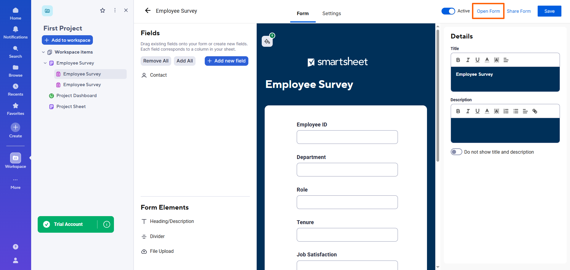 Smartsheet interface with the "Open Form" option highlighted
