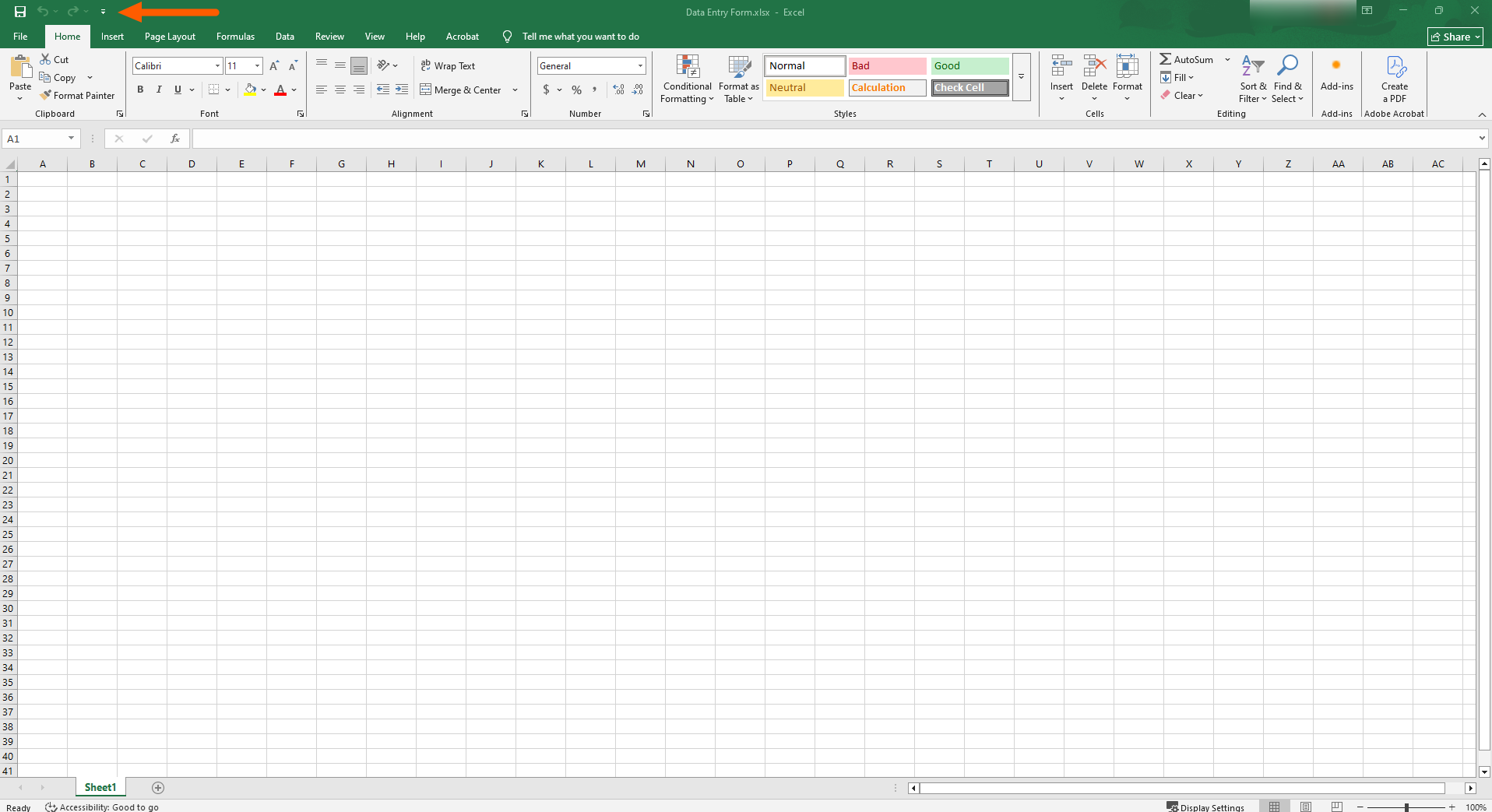 Microsoft Excel interface with the dropdown arrow in the Quick Access Toolbar highlighted