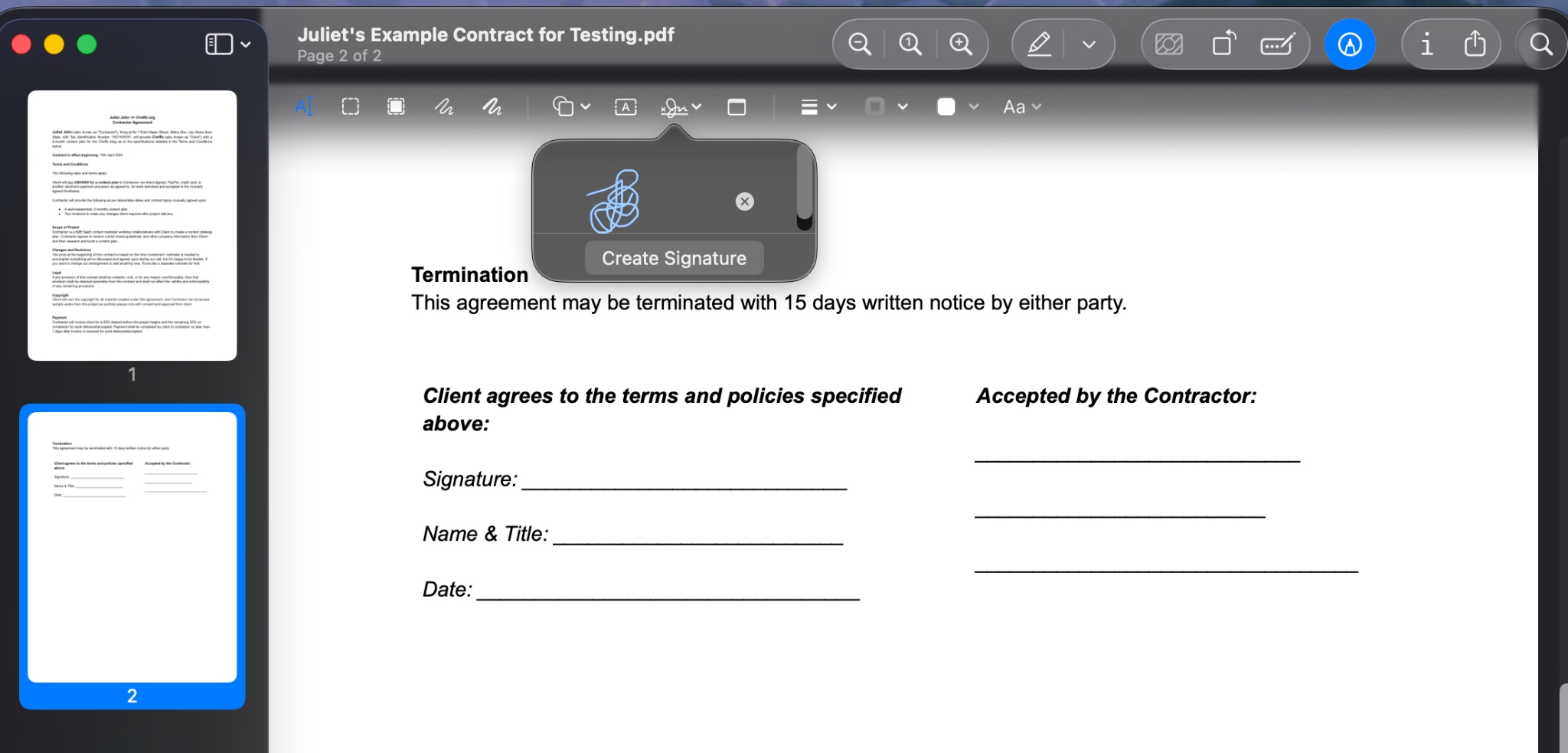 PDF document showing the signature has been saved under the "Sign" icon in the top left toolbar