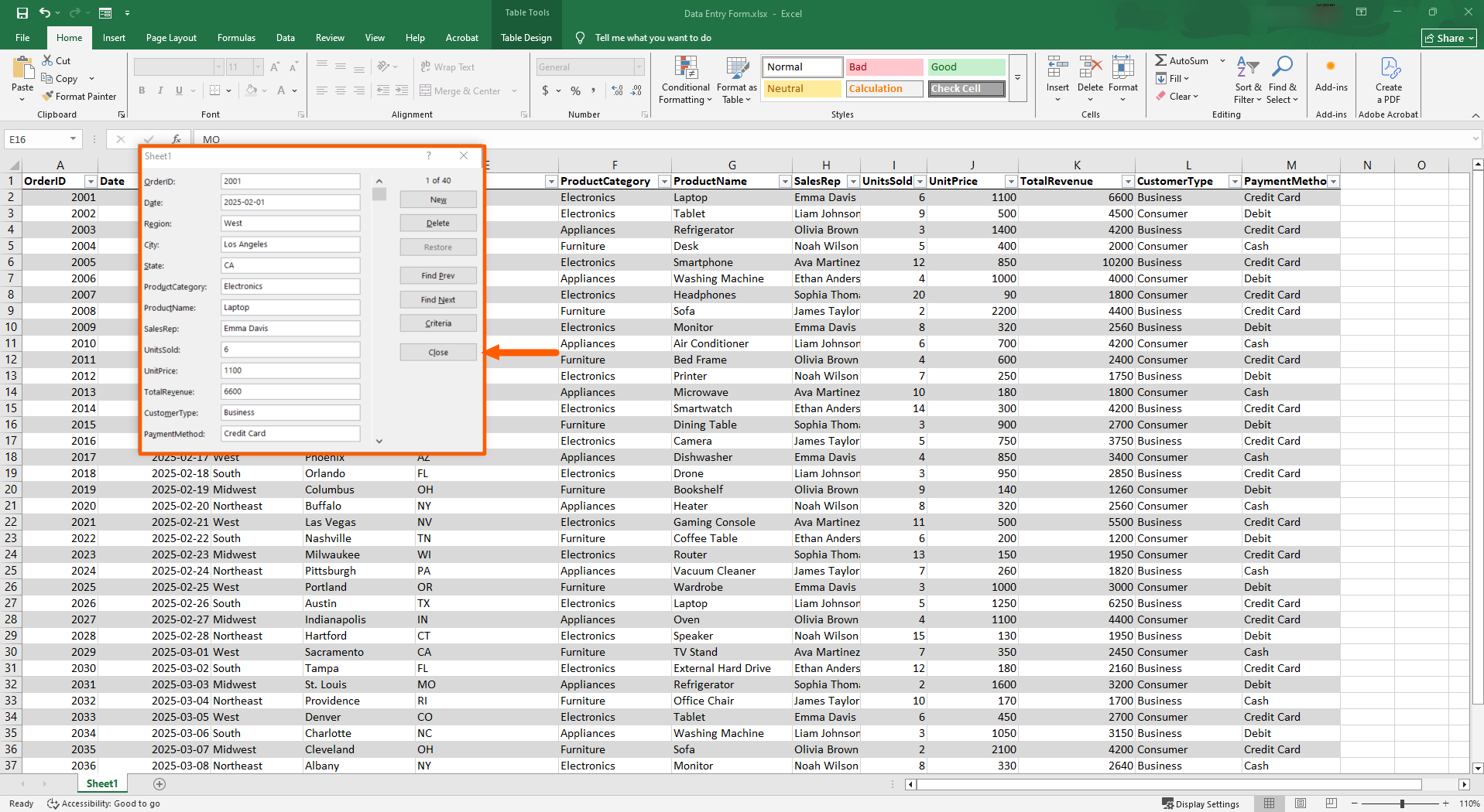 Microsoft Excel interface with the "Close" button highlighted in the data entry form dialog box