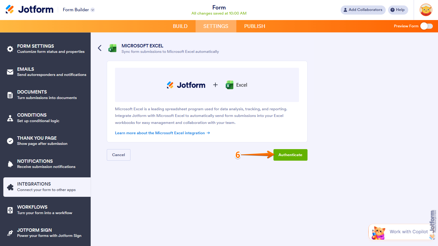 The "Authenticate" button in the Jotform-Microsoft Excel integration
